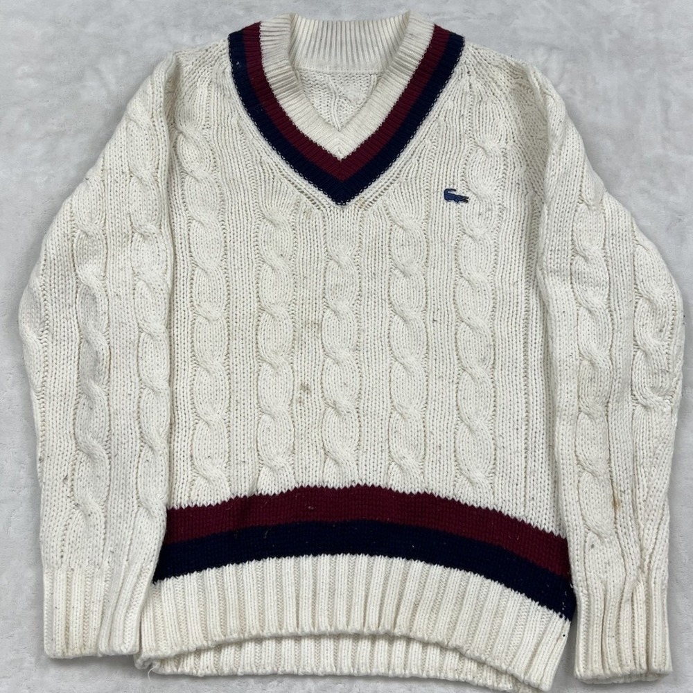 Lacoste Cricket Sweater Mens Cream Cable Knit V-Neck Striped Trim Vintage